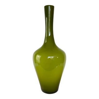 Vintage Mid-Century Italian Empoli-Style Cased Glass Bottle Vase in Olive Green For Sale