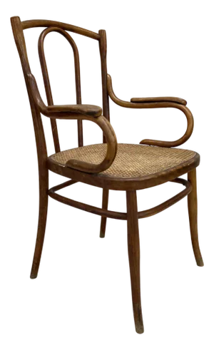 French Individual Bentwood Bistro Chair Carver with Cane Seat, 1920s