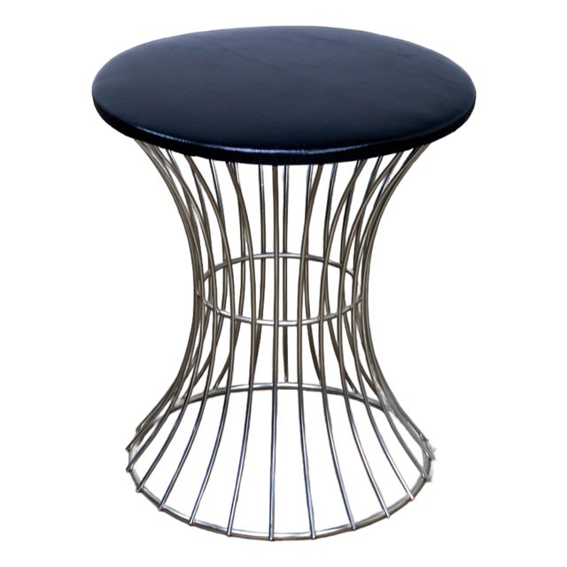 Mid-20th Century MCM Stool Manner of Warren Platner Chrome Wire Base and Black Vinyl Seat For Sale