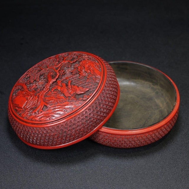Traditional Late 20th Century Carved Cinnabar Lacquer Box With Landscape and Scholar Scene For Sale - Image 3 of 9