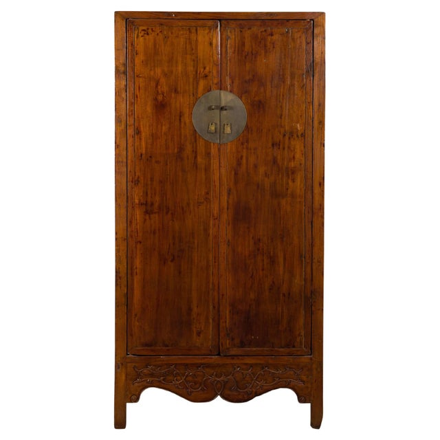 19th Century Chinese Qing Dynasty Brown Finish Cabinet with Carved Apron For Sale - Image 13 of 13