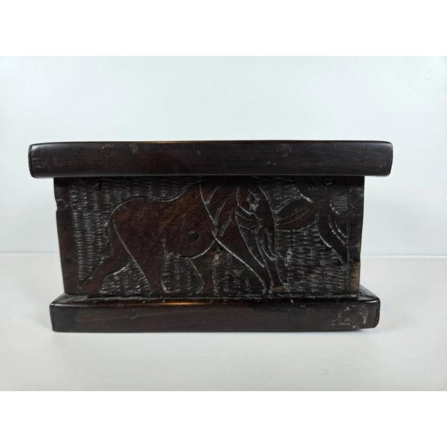 Vintage Hand-Carved Dark Wood Elephant Trinket Jewelry Box Hinged Safari Decor For Sale - Image 17 of 18