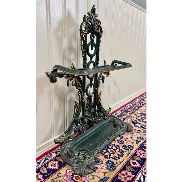 Green Antique English Gilt & Painted Cast Iron Umbrella Stick Cane Stand For Sale - Image 8 of 16