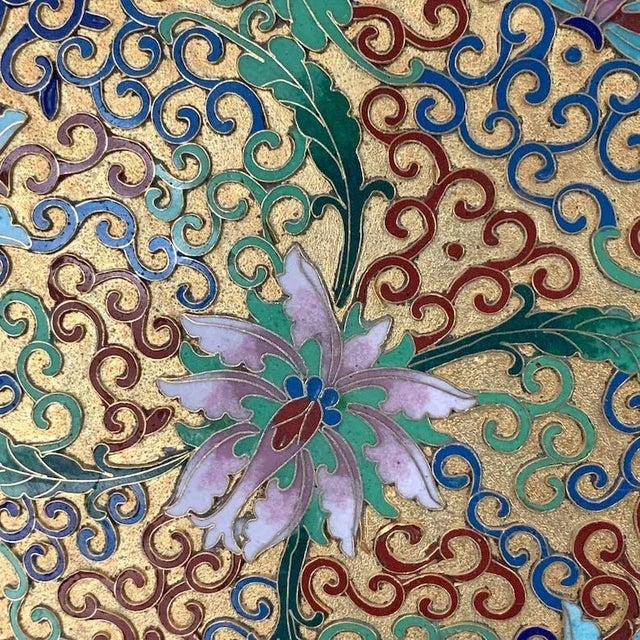 Vintage from the 1980s The gold background on this Asian champleve enamel 12 inch cabinet plate makes this piece luminous!...