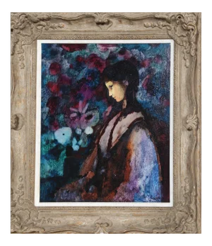 Donald Roy Purdy, "Black Hair, Purple Girl", Oil on Masonite