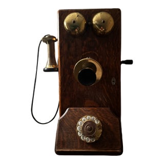 Imported Antique Argentine Oak Wall Telephone With Brass Bells & Green Glass Accent For Sale