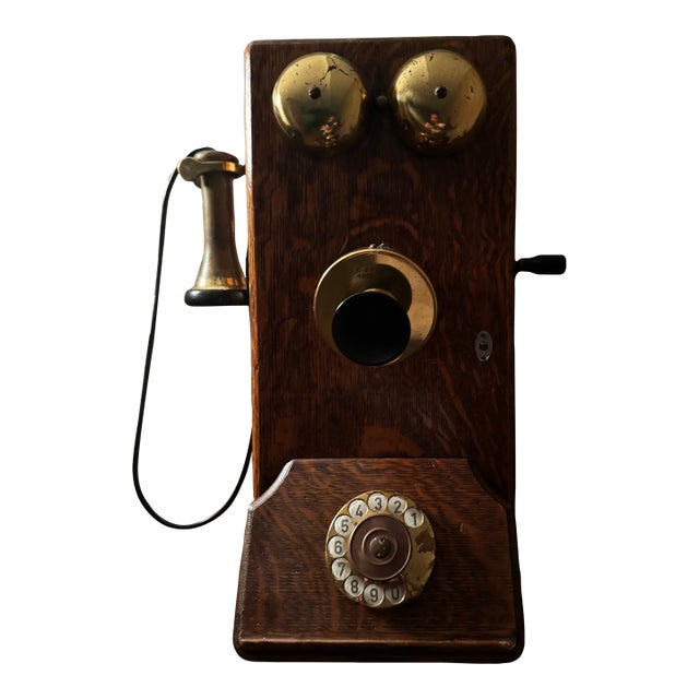 Imported Antique Argentine Oak Wall Telephone With Brass Bells & Green Glass Accent For Sale