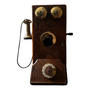 Imported Antique Argentine Oak Wall Telephone With Brass Bells & Green Glass Accent