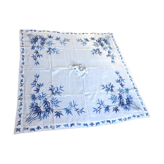 Boho Chic Vintage Bamboo & Birds Tablecloth & Napkins For Sale - Image 3 of 9