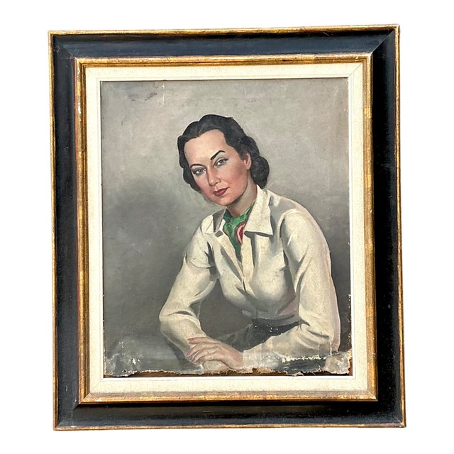 Vintage Distressed Portrait of Woman in Gilt Frame For Sale