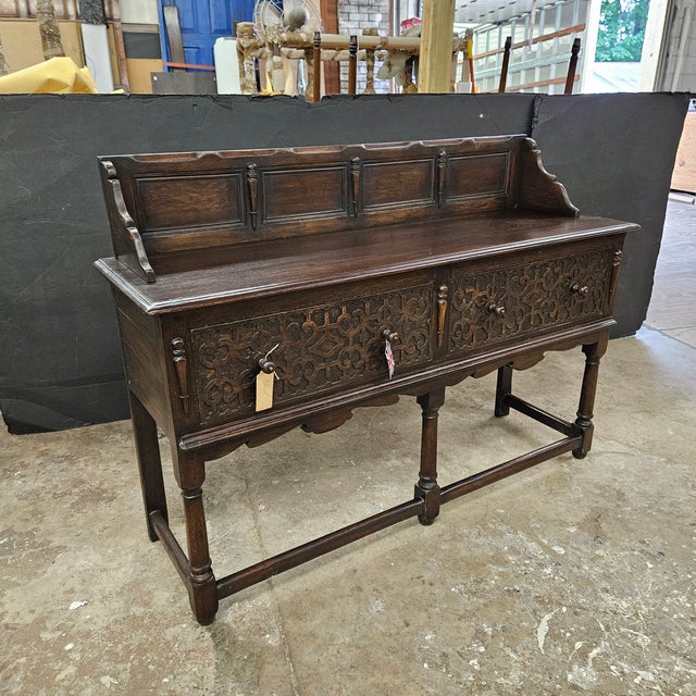 English Mid 19th Century Jacobean Oak 2 Drawer Sideboard With Turned Legs and Stretcher Base For Sale - Image 3 of 8
