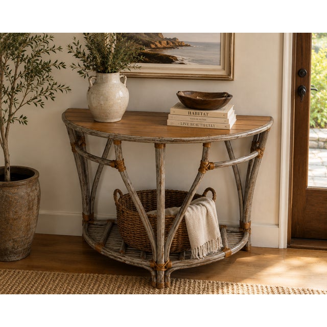 Distinctive demilune console table handcrafted in the bent hickory tradition, featuring a solid hardwood slatted top...