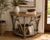 Distinctive demilune console table handcrafted in the bent hickory tradition, featuring a solid hardwood slatted top...