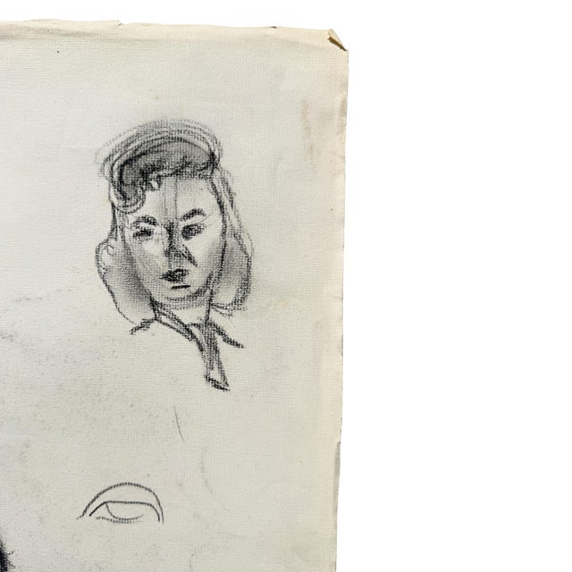 Vintage Black and White Charcoal Portrait Drawing of a Woman With Curled Hair For Sale - Image 4 of 8