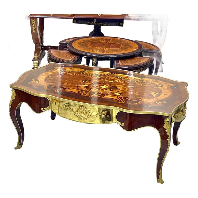 Monumental French Rococo Coffee Table With Marquetry Inlay & Gilded Bronze Mounts For Sale