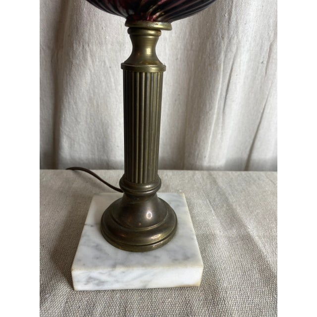 Traditional Antique Mulberry Glass and Marble Electricfied Oil Lamp For Sale - Image 3 of 8