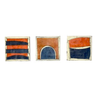 Original Encaustic Collage Paintings by Gina Cochran - Trio in Orange and Blue For Sale