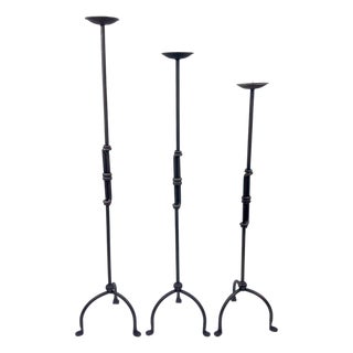 Hand Forged Iron Candelabra Set of 3 (98-118cm) Antique Copper Finish Sculptural Iron Bamboo Style Estate Set For Sale