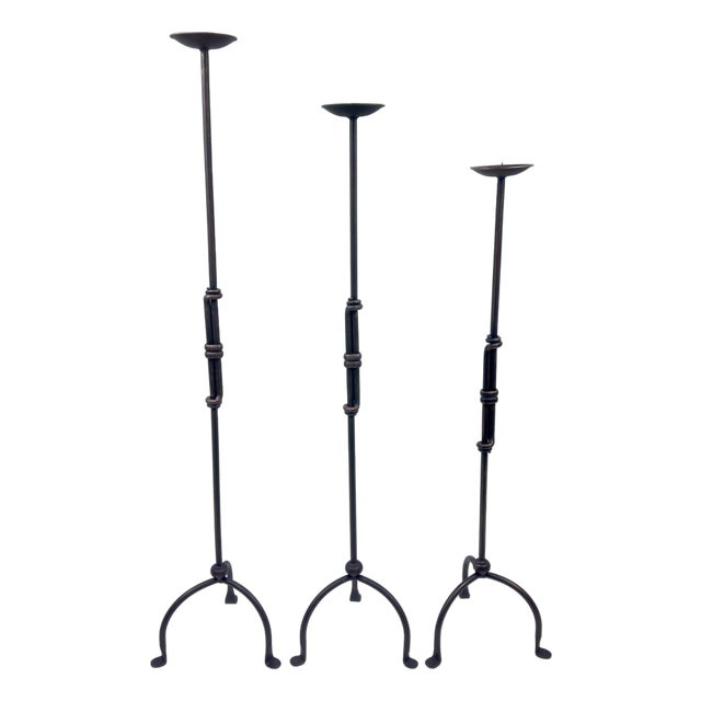 Hand Forged Iron Candelabra Set of 3 (98-118cm) Antique Copper Finish Sculptural Iron Bamboo Style Estate Set For Sale