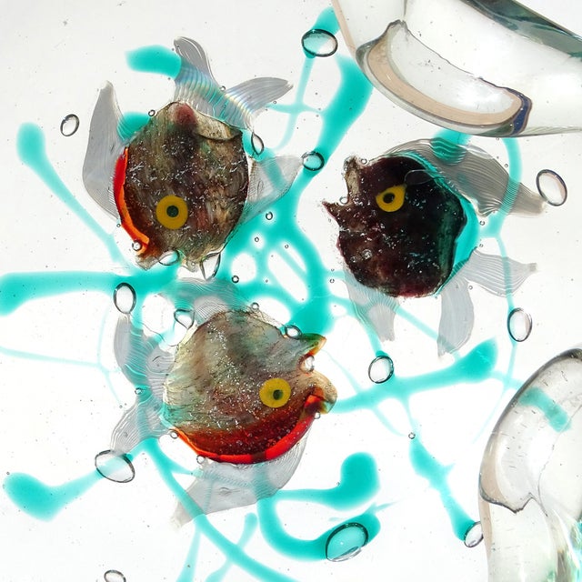 Mid 20th Century Murano Seguso Dalla Venezia Vintage Italian Art Glass 3 Fish Silver Flecks Green Algae Ashtray Trinket Bowl For Sale - Image 5 of 8