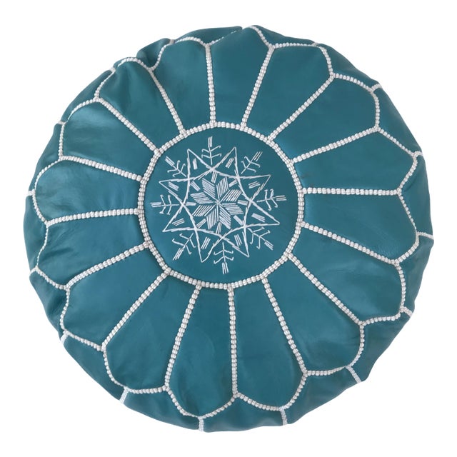 Blue Turquoise Moroccan Leather Pouf Cover For Sale