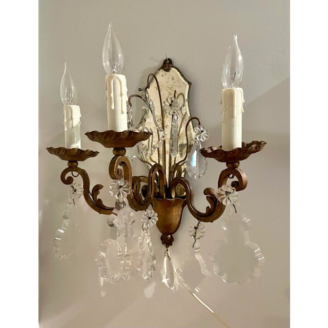 Early 20th Century Pair of French 3-Arm Candelabra Crystal Mirror Sconces For Sale - Image 4 of 13