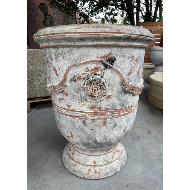 A Single French Terracotta Anduze Planter With Antiqued Gray White Finish For Sale - Image 15 of 15