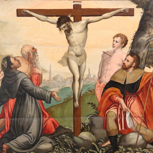 Christ Crucified with Saints, Oil on Hardboard, 1500s For Sale - Image 3 of 12