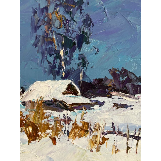 Royal Blue Oil Painting Winter Snow-Covered Village Serdyuk Boris Petrovich For Sale - Image 8 of 11