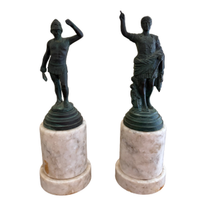 Grand Tour Classical Figures in Brass on Marble Bases, Neoclassical Sculptures, Pair