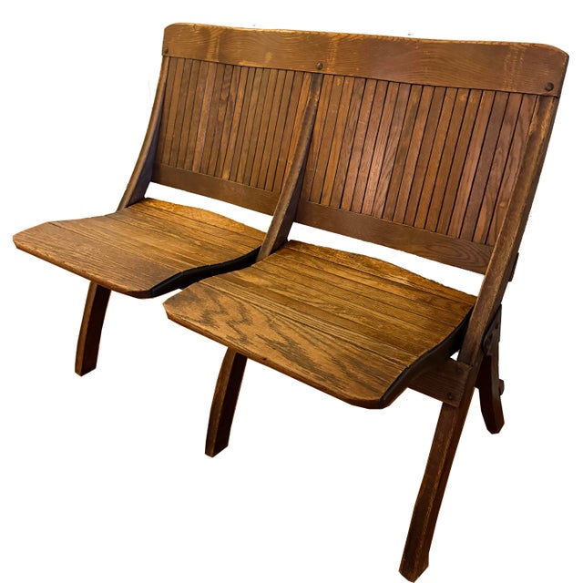 Antique Oak 2 Seater Folding Bench by Brunswick Seating Works Inc. in Lawrenceville VA, circa 1900’s-1910s. This bench was...