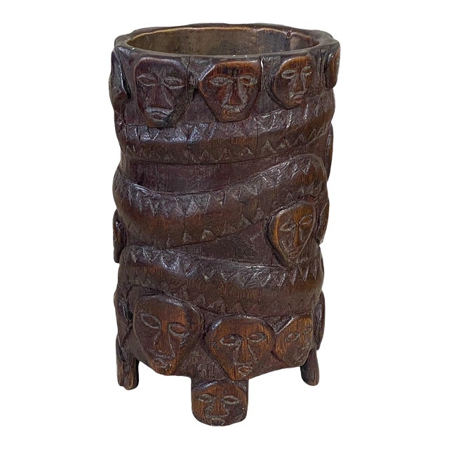 Vintage Circa 1960 Hand Carved Wood African Vase 6.5" H For Sale