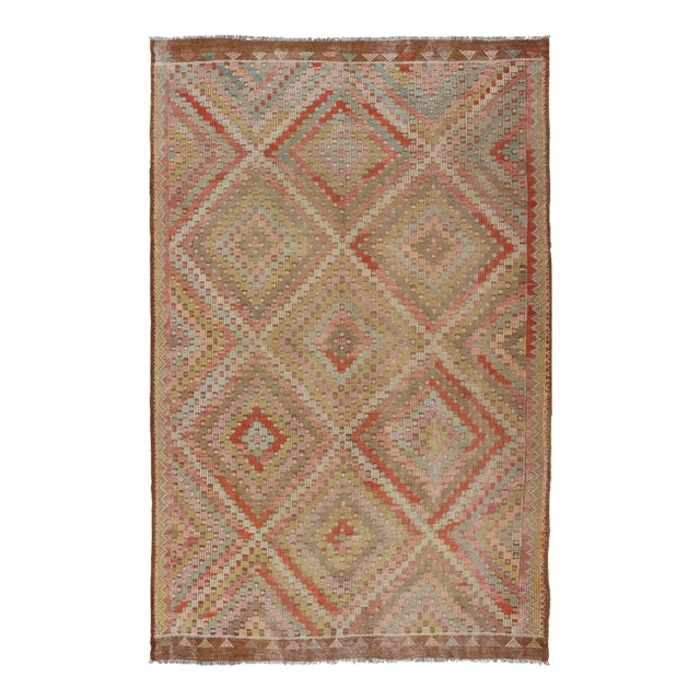 Large Vintage Turkish Kilim Rug With Coral, Gold, Sage Diamond Pattern For Sale