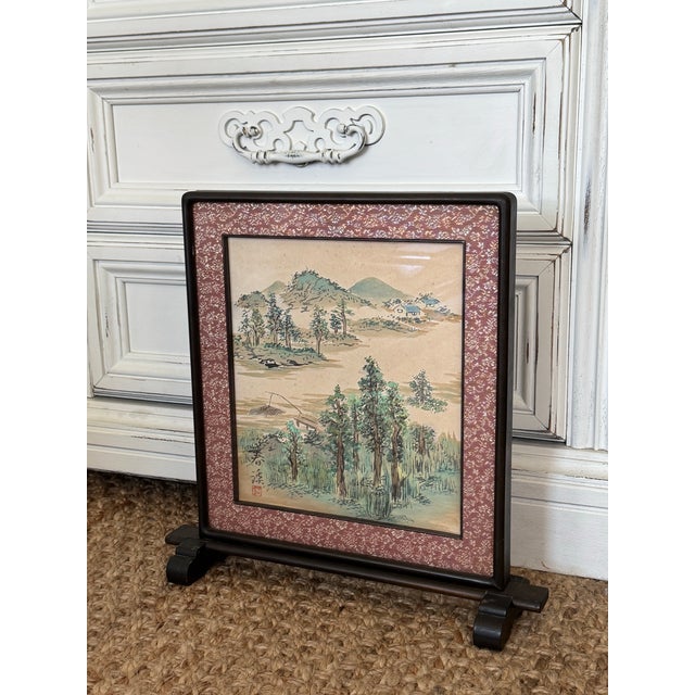 Brown 1960s Asian Hand-Painted Landscape Tabletop Screen | Traditional Oriental Desk Decor For Sale - Image 8 of 11