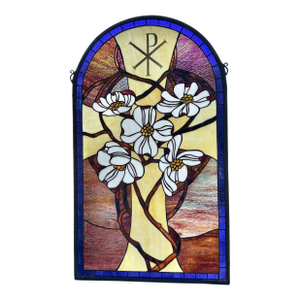 Meyda Tiffany Cristograph Dogwood Stained Glass Window Panel With Cross — 31”