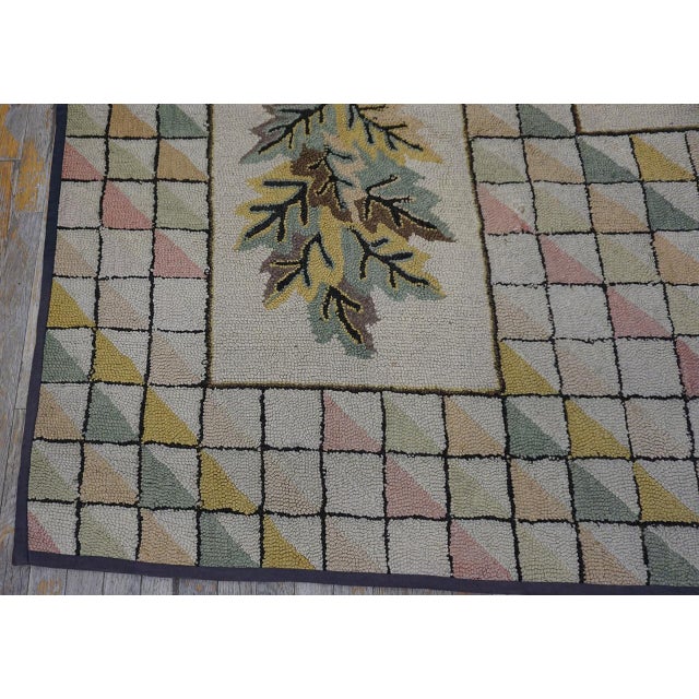 Cream 1930s Ivory Cream Floral Folk Art Holly Antique American Hooked Rug For Sale - Image 8 of 15