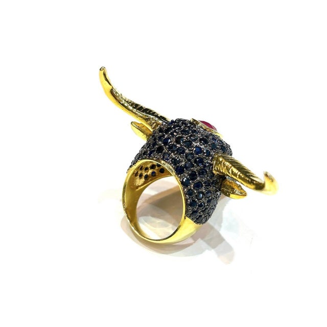 Metal Bochic “Orient” Neoclassical Bull, Ruby & Sapphire Ring Set 18K Gold & Silver For Sale - Image 7 of 11