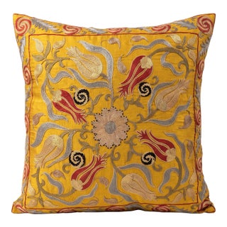 Contemporary Outpost Original Gold Tulip Suzani Pillow For Sale