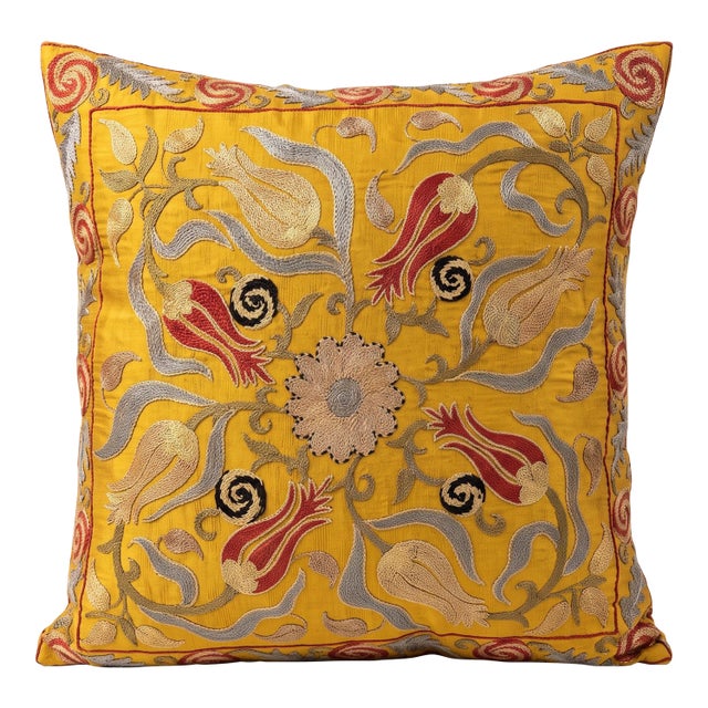 Contemporary Outpost Original Gold Tulip Suzani Pillow For Sale