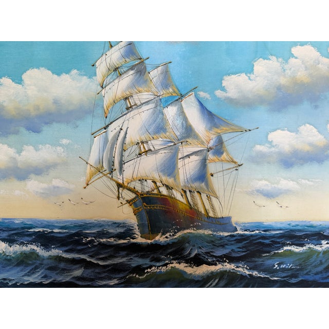 Oil Painting Sailing Ship Seascape Signed Maritime Art Ocean Waves Nautical For Sale In Jacksonville, FL - Image 6 of 9