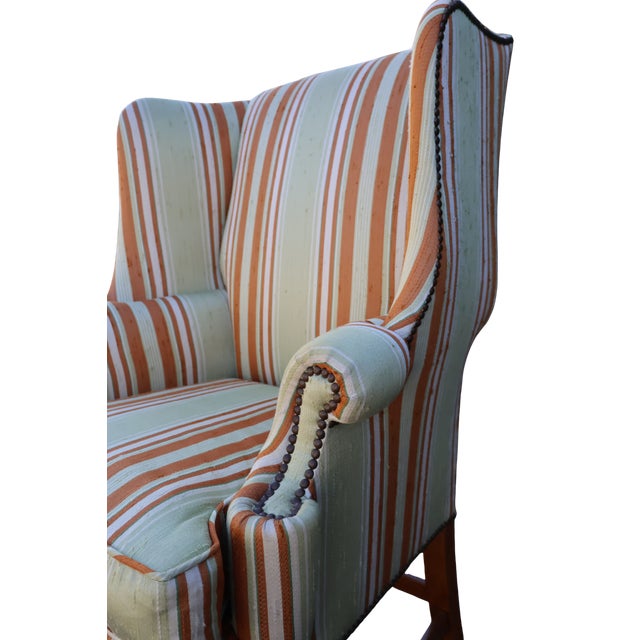 Vintage Baker Furniture Celadon & Rust Striped Wingback Chairs With Nailhead Trim — Pair For Sale - Image 15 of 18