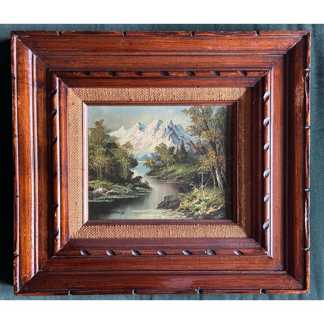 Vintage mid century landscape oil painting of the Sierra Nevada mountain range. In vintage wood frame with burlap liner....