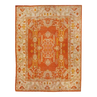 Late 19th Century Orange Antique Turkish Oushak Wool Rug Handmade With Medallion Design For Sale