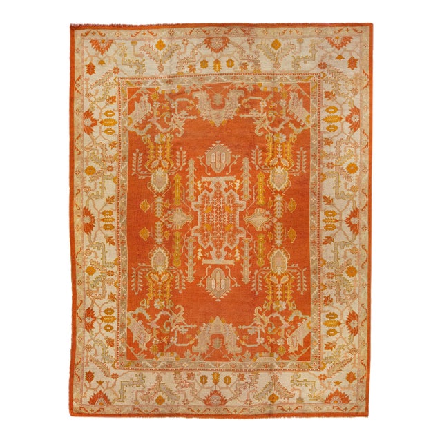 Late 19th Century Orange Antique Turkish Oushak Wool Rug Handmade With Medallion Design For Sale