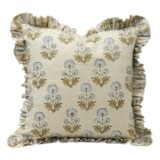 Fabdivine Indian Block Print Frill Cushion Cover 14x14 Inch Pure Linen- Rishi For Sale