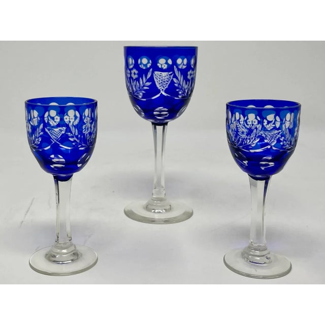 1940s Cobalt Cut to Clear Czech Crystal Hock Wine & Cordial Glasses - 21pc.Set For Sale - Image 4 of 12