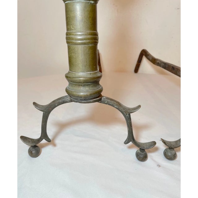 Pair of Turned 18th Century Peened Brass Wrought Iron Georgian Andirons 1700's For Sale - Image 11 of 12