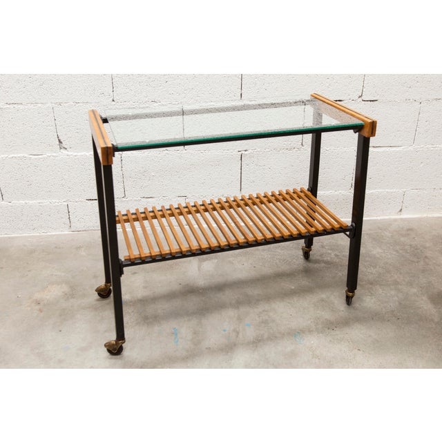 Vintage Teak, Black Metal, and Glass Serving Cart on Casters, 1960s For Sale - Image 17 of 17