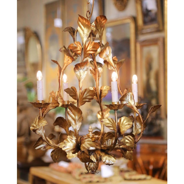 Italian Mid-Century Italian Gilt Tole Six-Light Floral Chandelier For Sale - Image 3 of 11