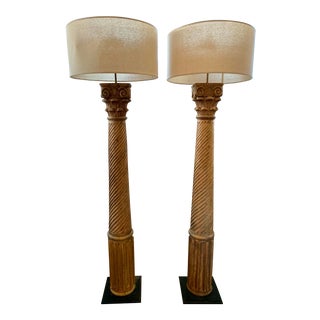 Hand Carved Restoration Hardware Column Floor Lamps For Sale